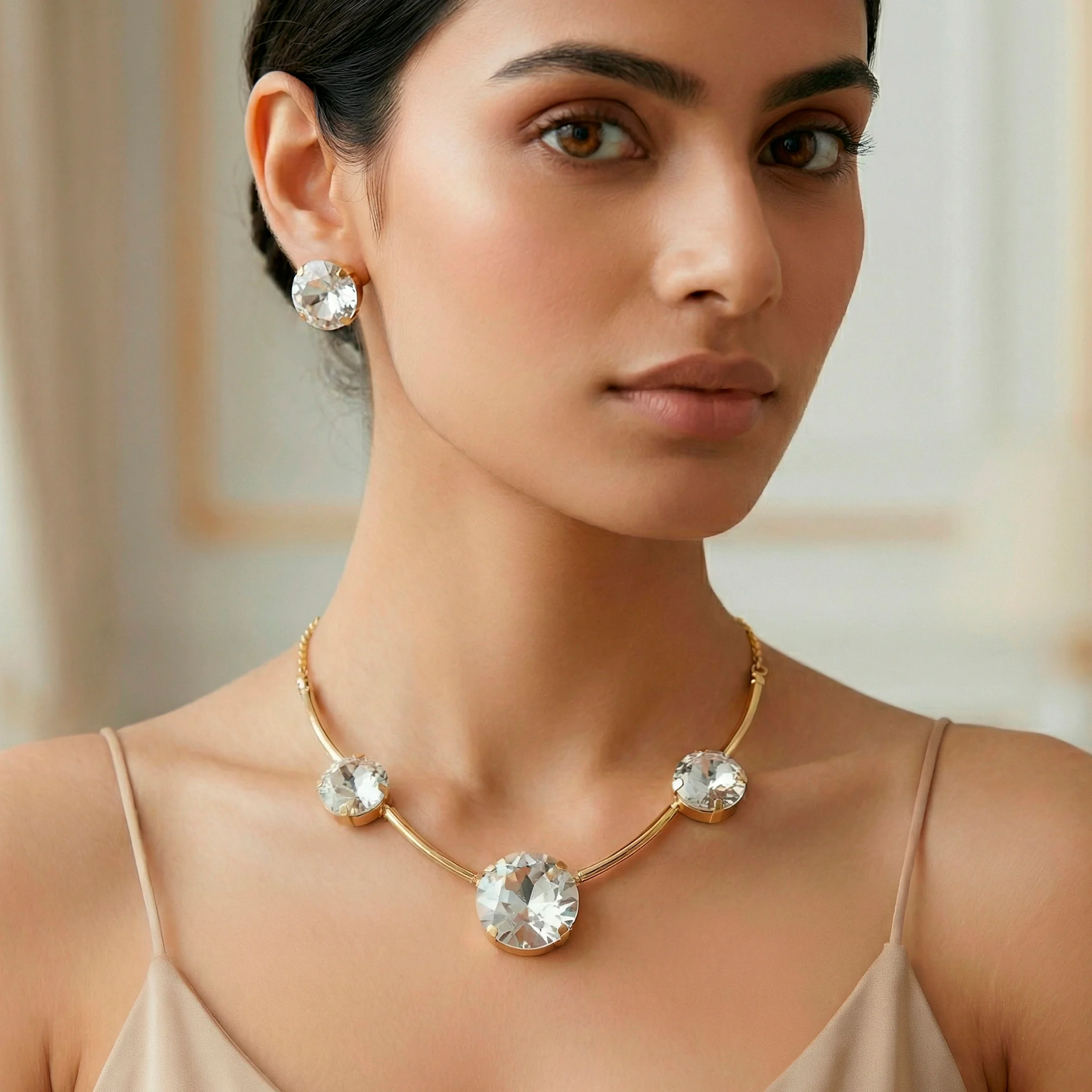 PRAO Necklace Anti-Tarnish Round Crystal Spaced Set With Earrings - Image 4