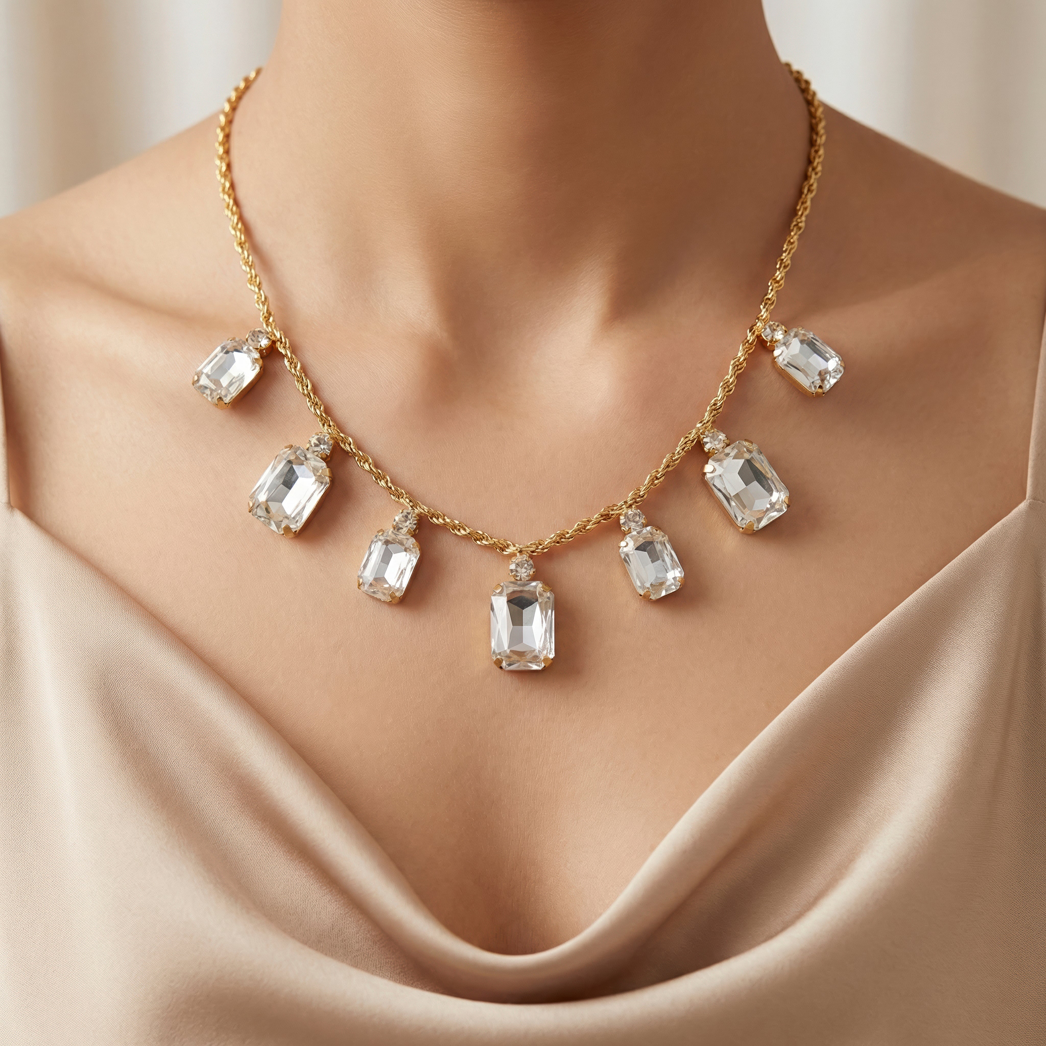 PRAO Necklace Anti-Tarnish Rectangle Crystals Statement Set With Earrings - Image 3