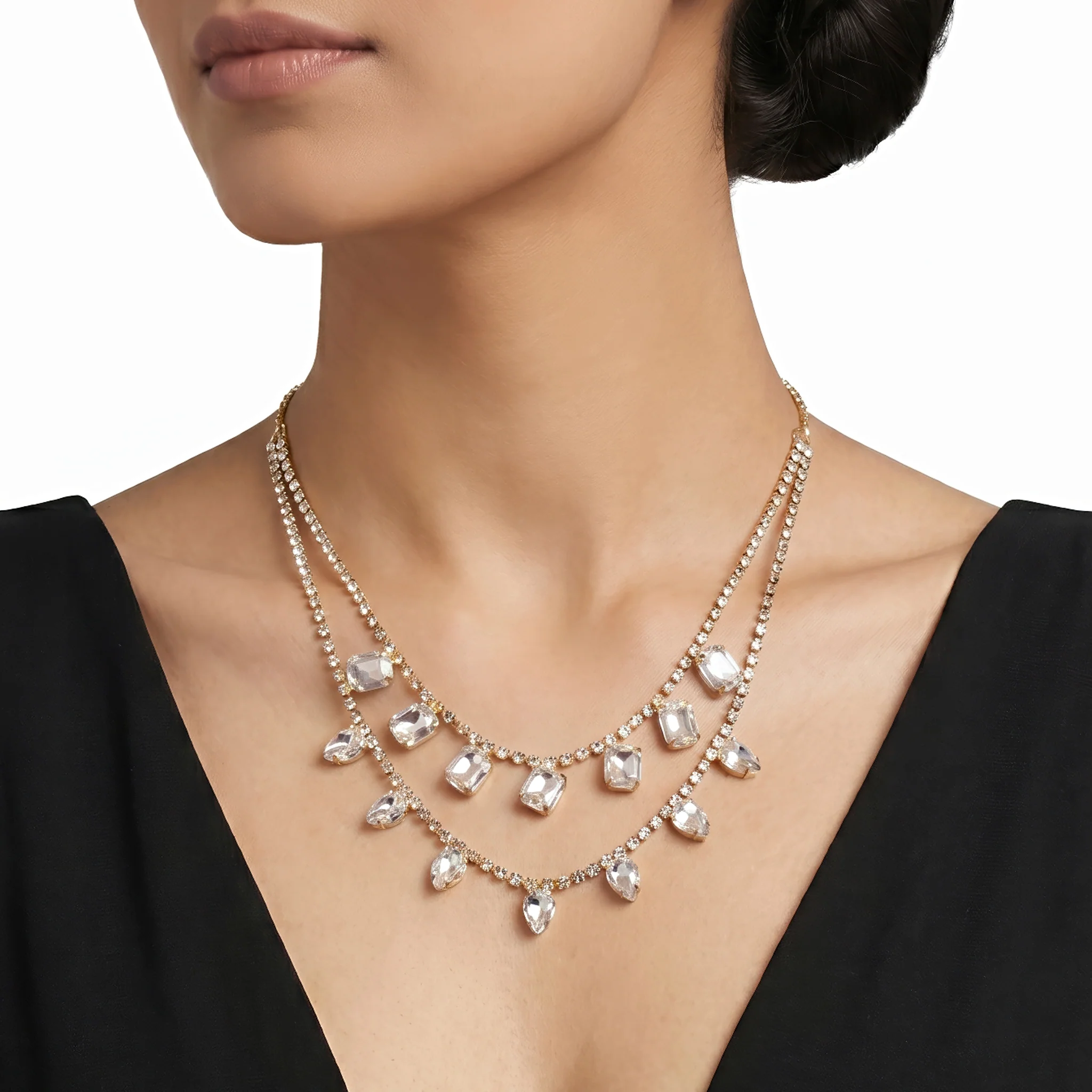 PRAO Necklace Anti-Tarnish Double-Layer Rectangle And Drop Crystal Charm - Image 2