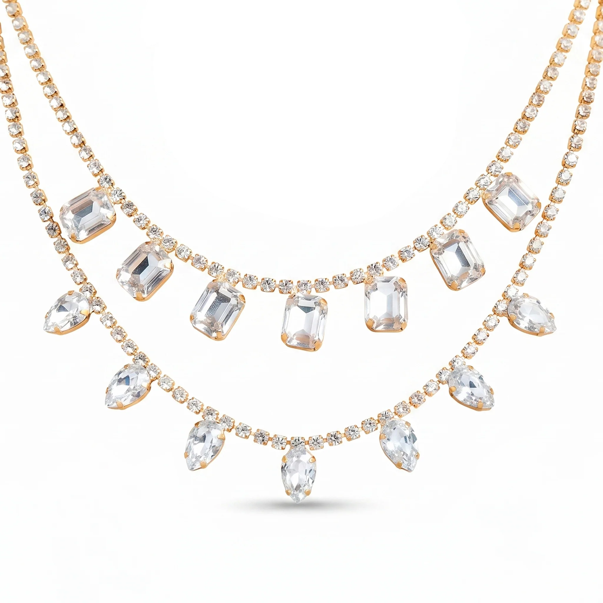 PRAO Necklace Anti-Tarnish Double-Layer Rectangle And Drop Crystal Charm - Image 3