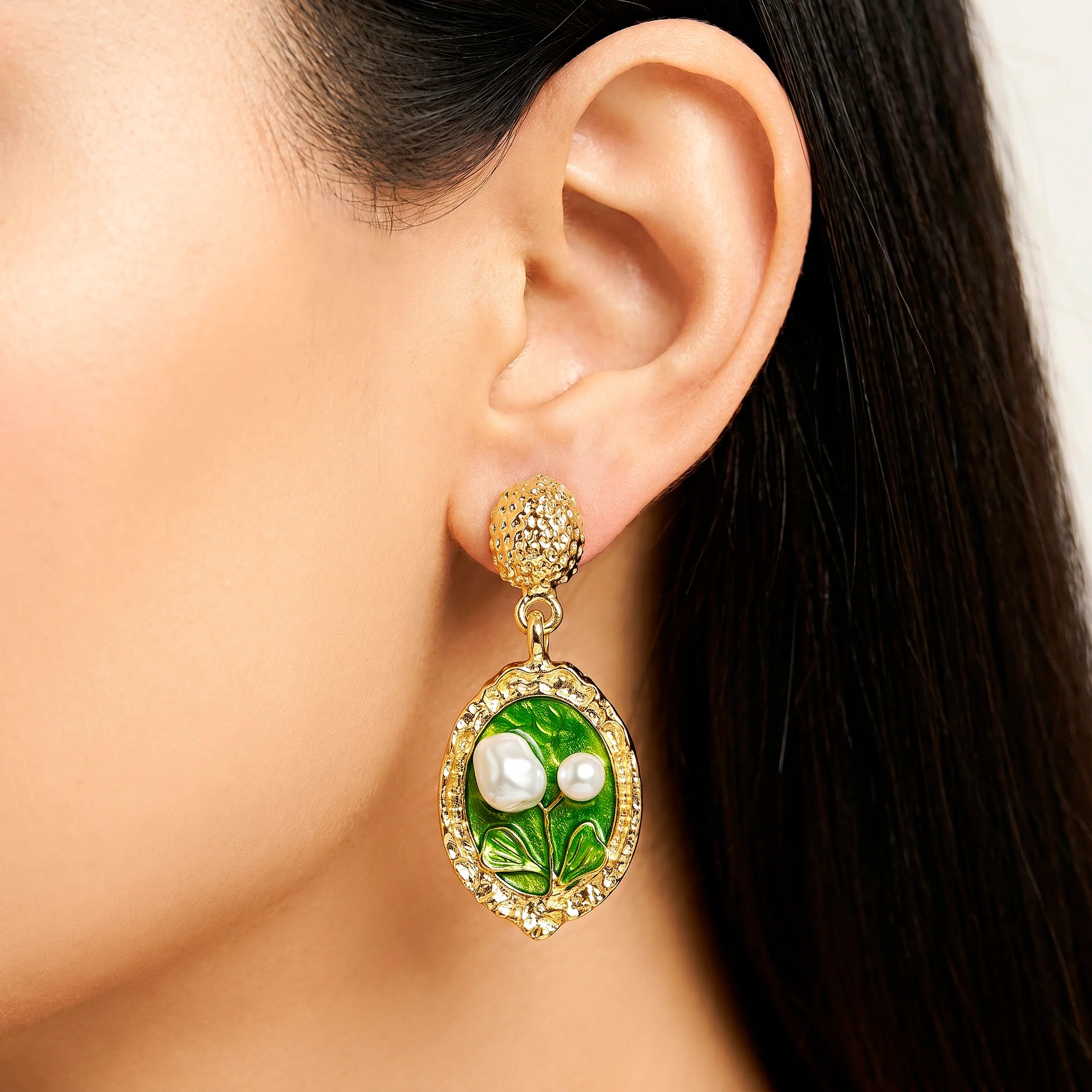 PRAO Earrings Anti-Tarnish Green Leaf Pearl Dangles