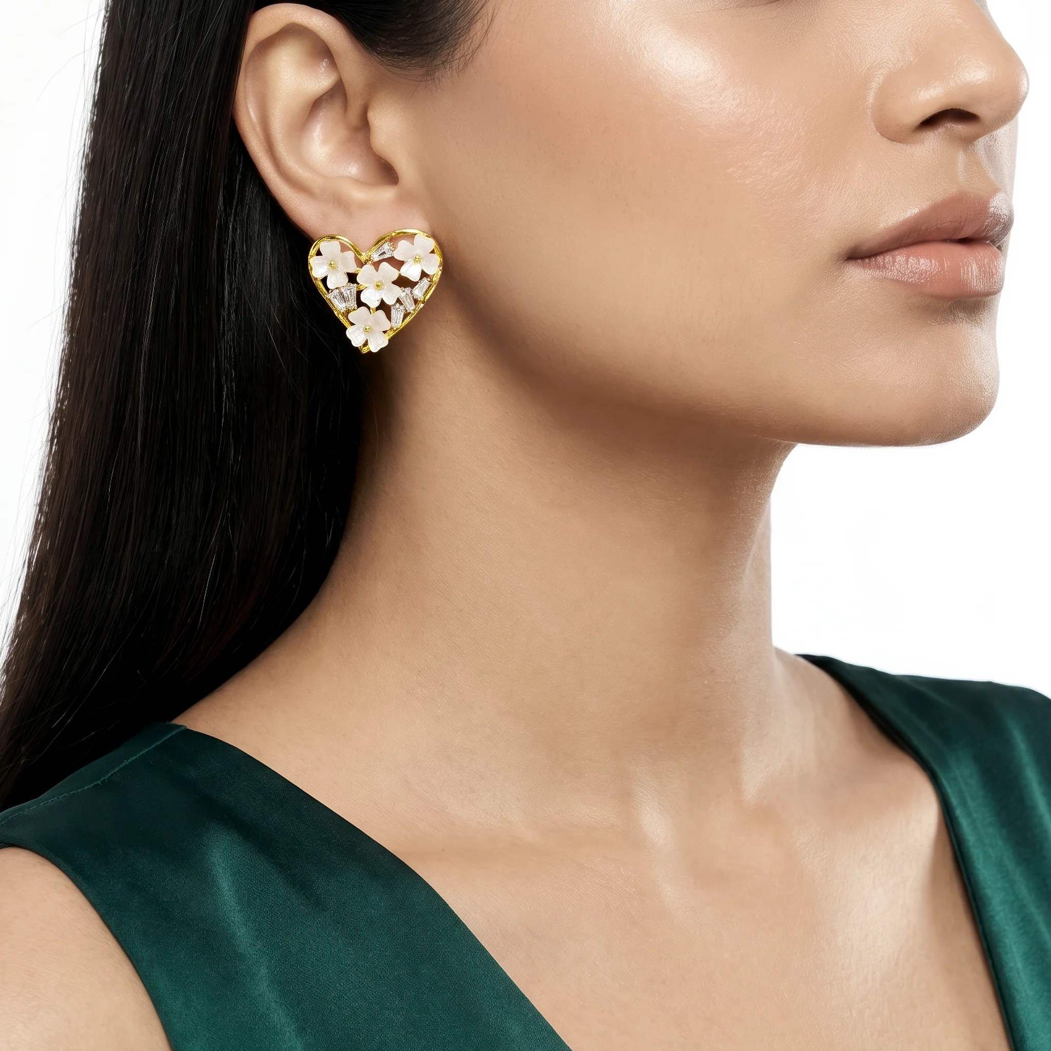 PRAO Earrings Anti-Tarnish Pearl Flower Heart Crystal Studs - Image 3