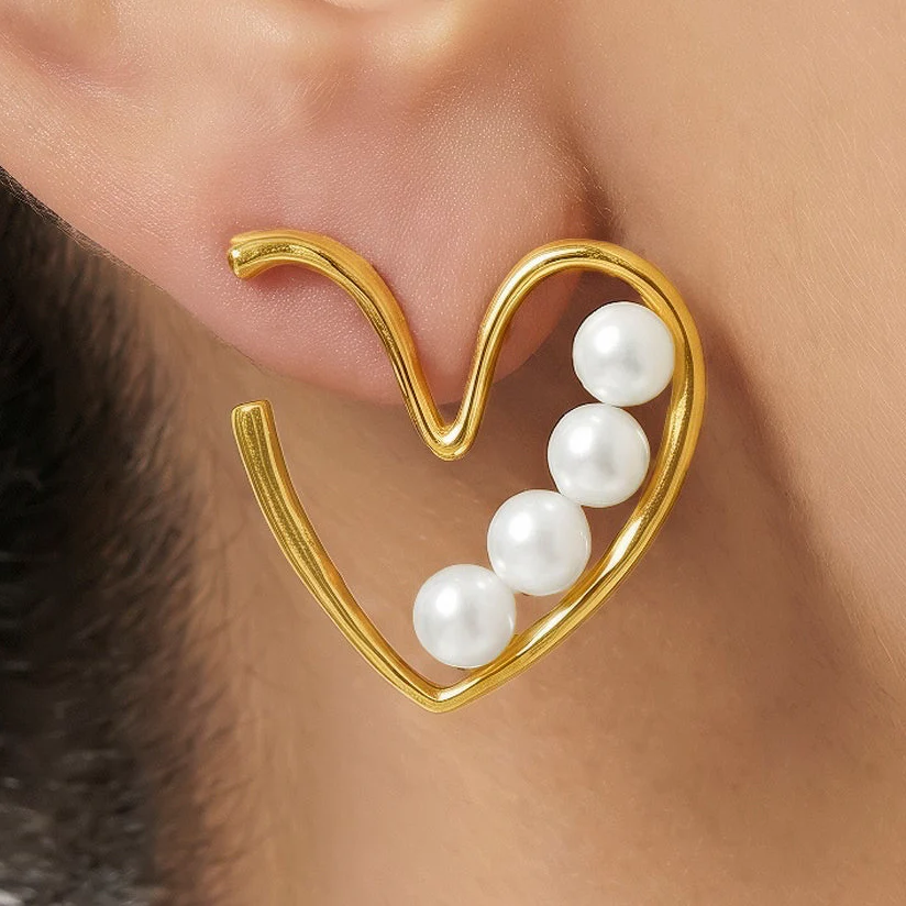 PRAO Earrings Anti-Tarnish Abstract Heart with Faux Pearl