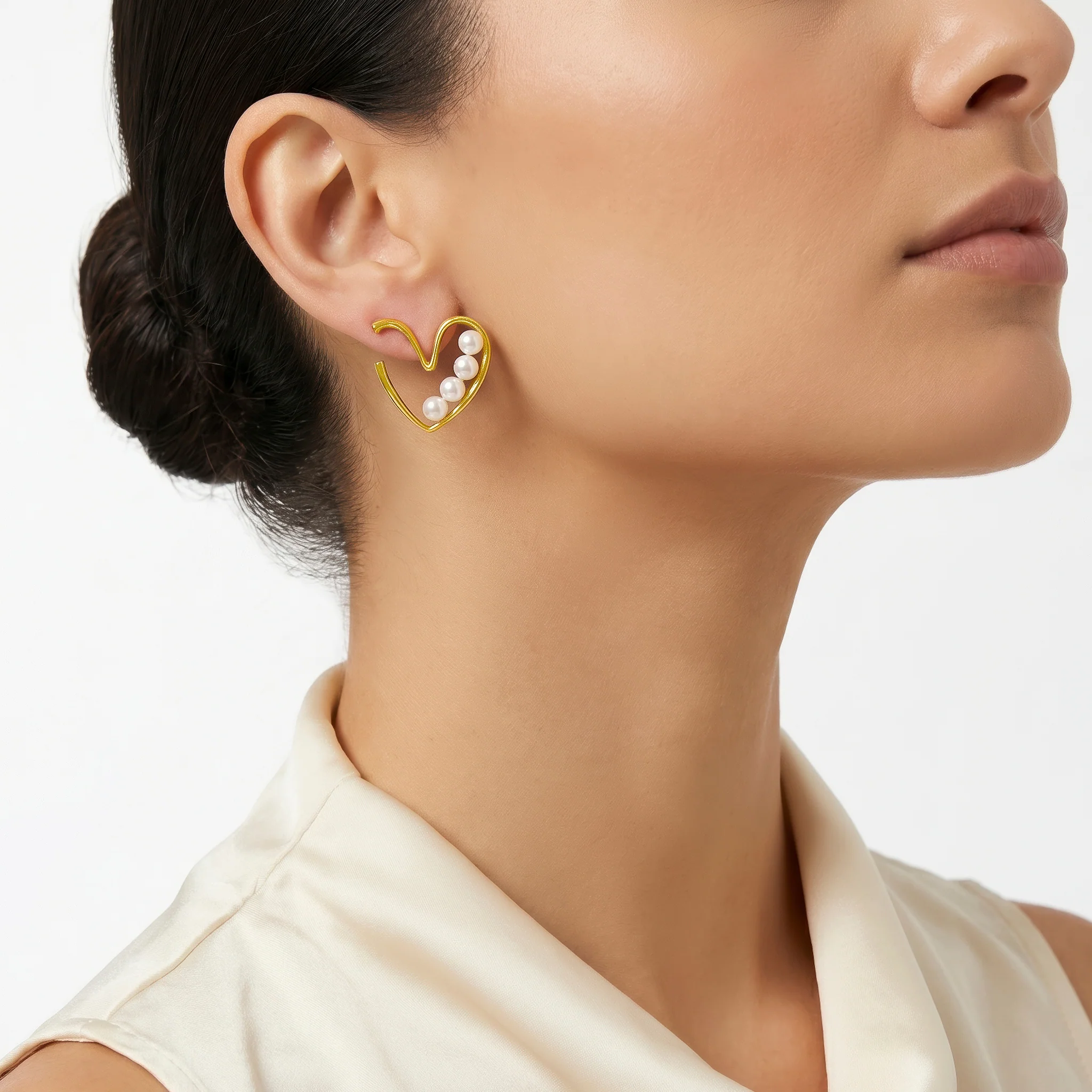 PRAO Earrings Anti-Tarnish Abstract Heart with Faux Pearl - Image 3