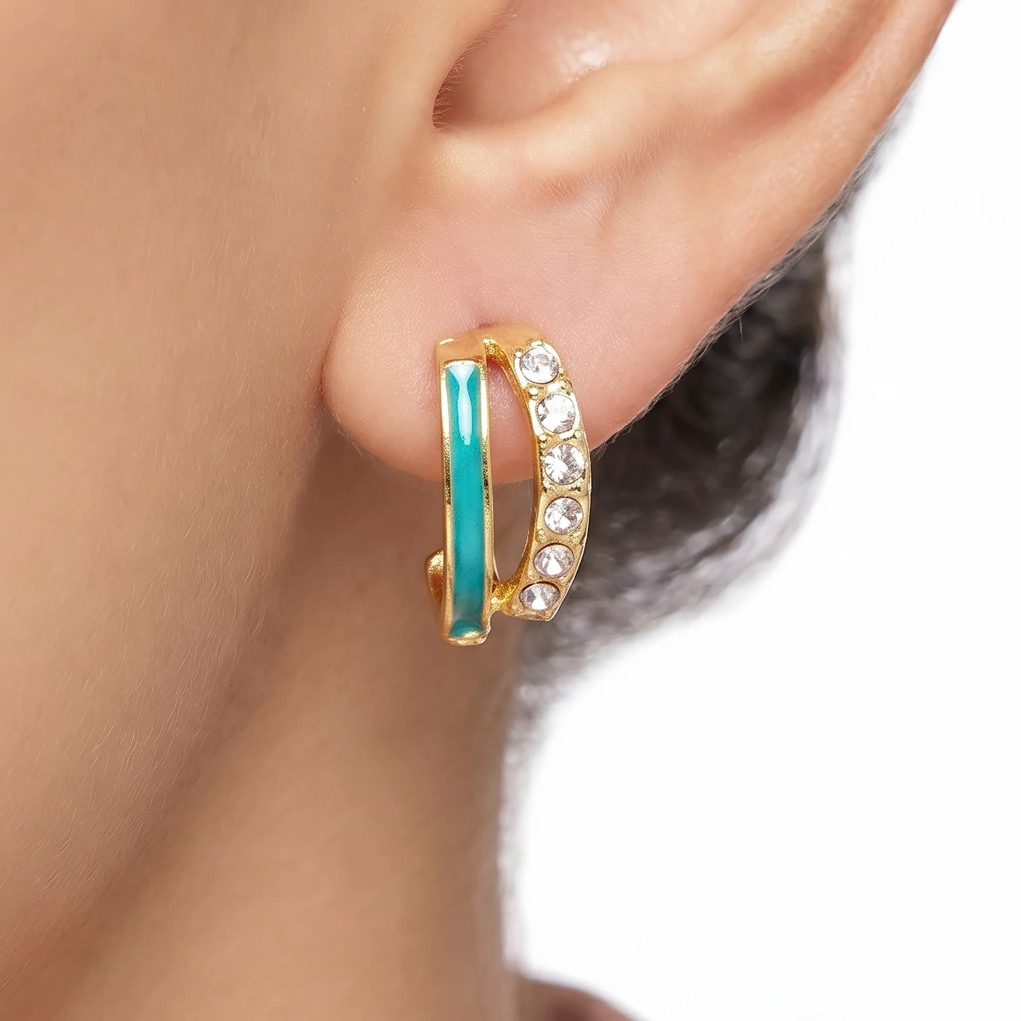 PRAO Earrings Anti-Tarnish Aqua Crystal Double Hoops