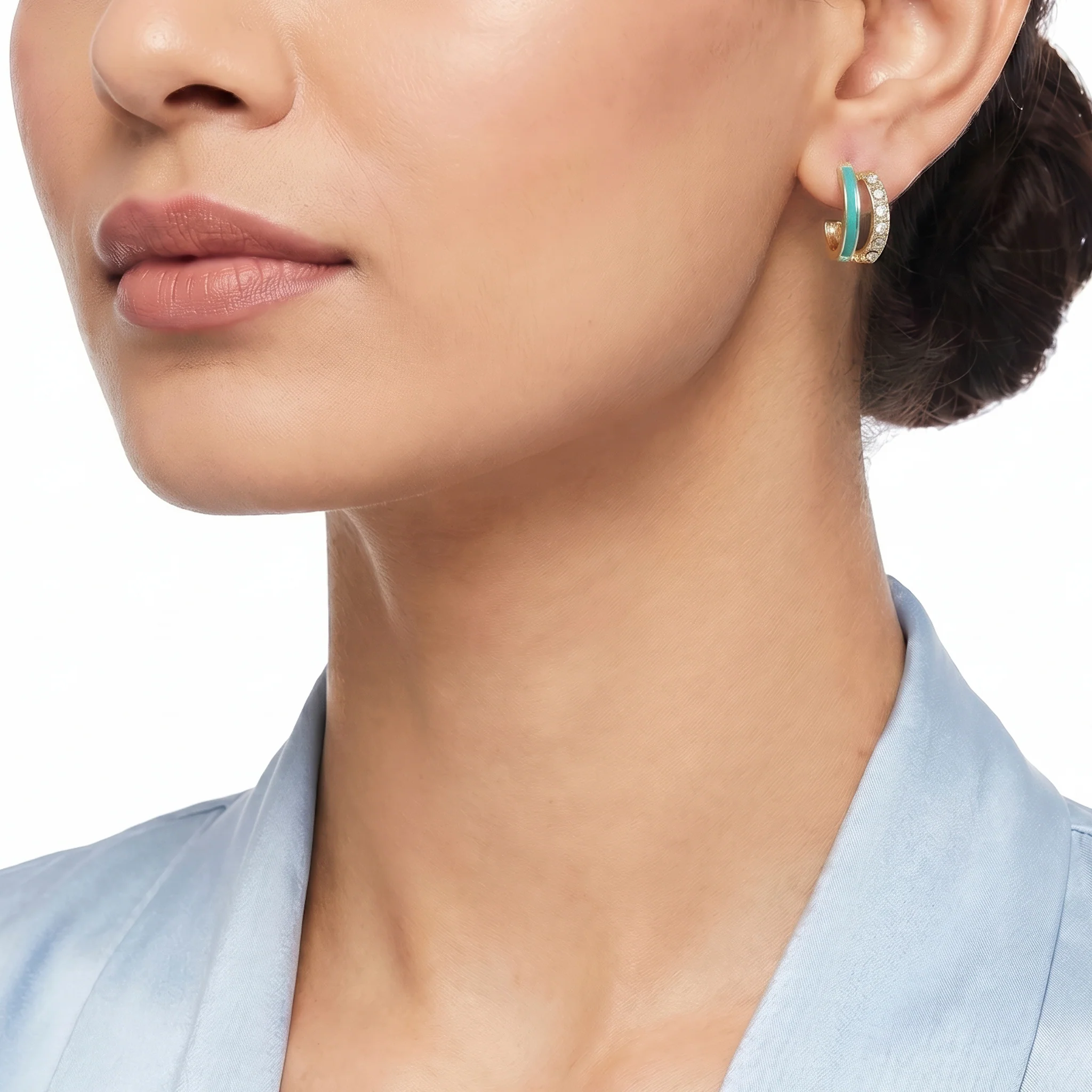 PRAO Earrings Anti-Tarnish Aqua Crystal Double Hoops - Image 2