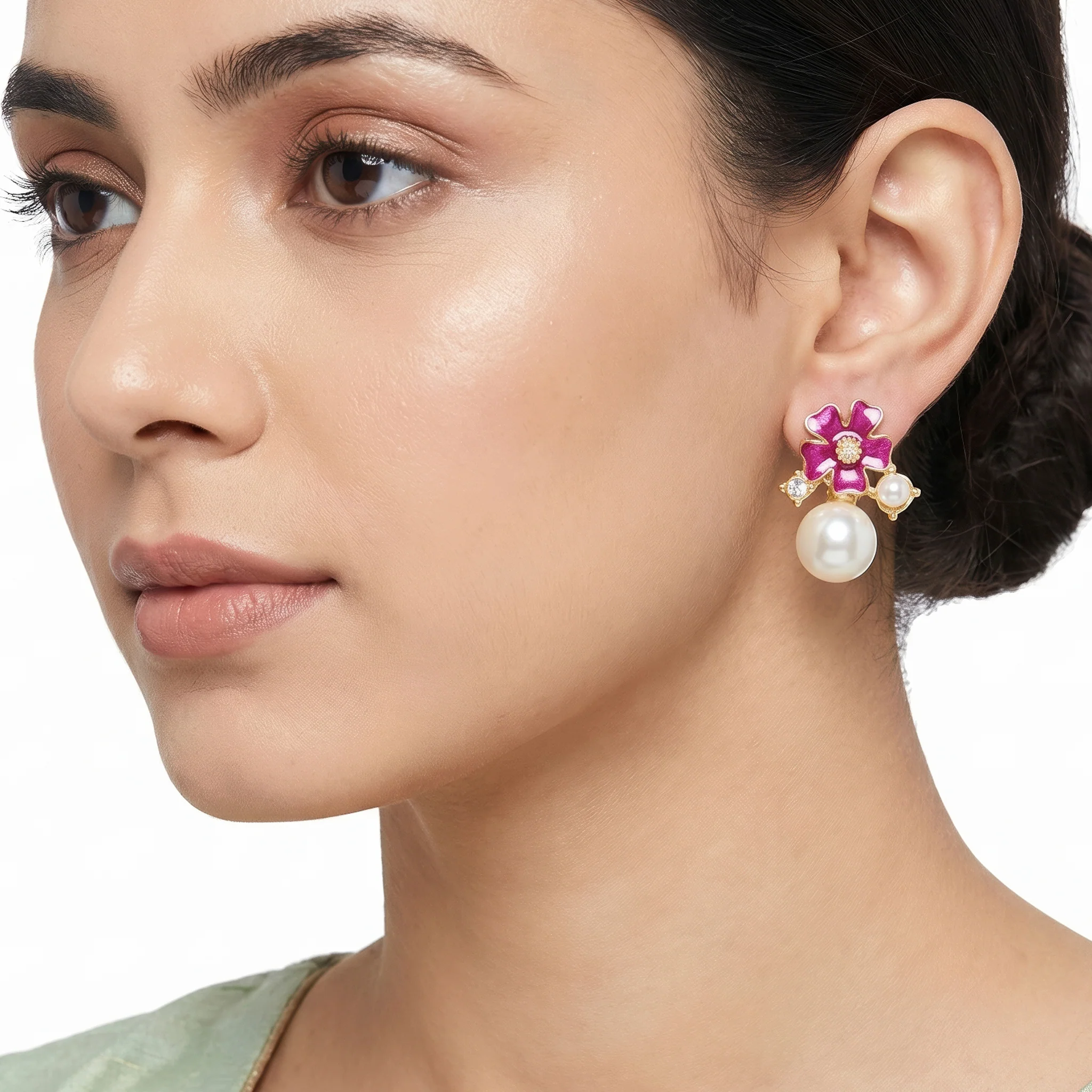 PRAO Earrings Anti-Tarnish Fuchsia Pearl Flower Studs - Image 2