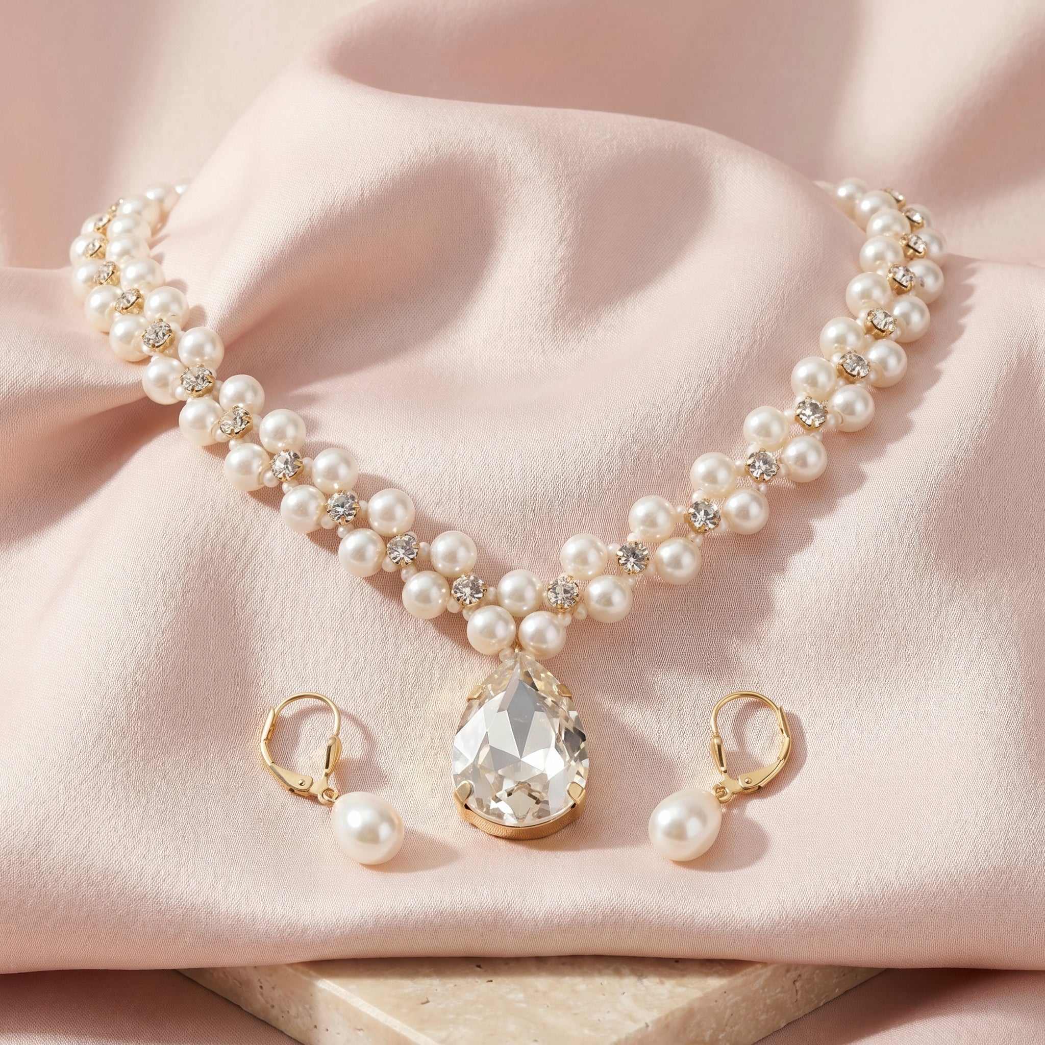 PRAO Necklace Anti-Tarnish Crystal Pearl Teardrop Set With Earrings - Image 3