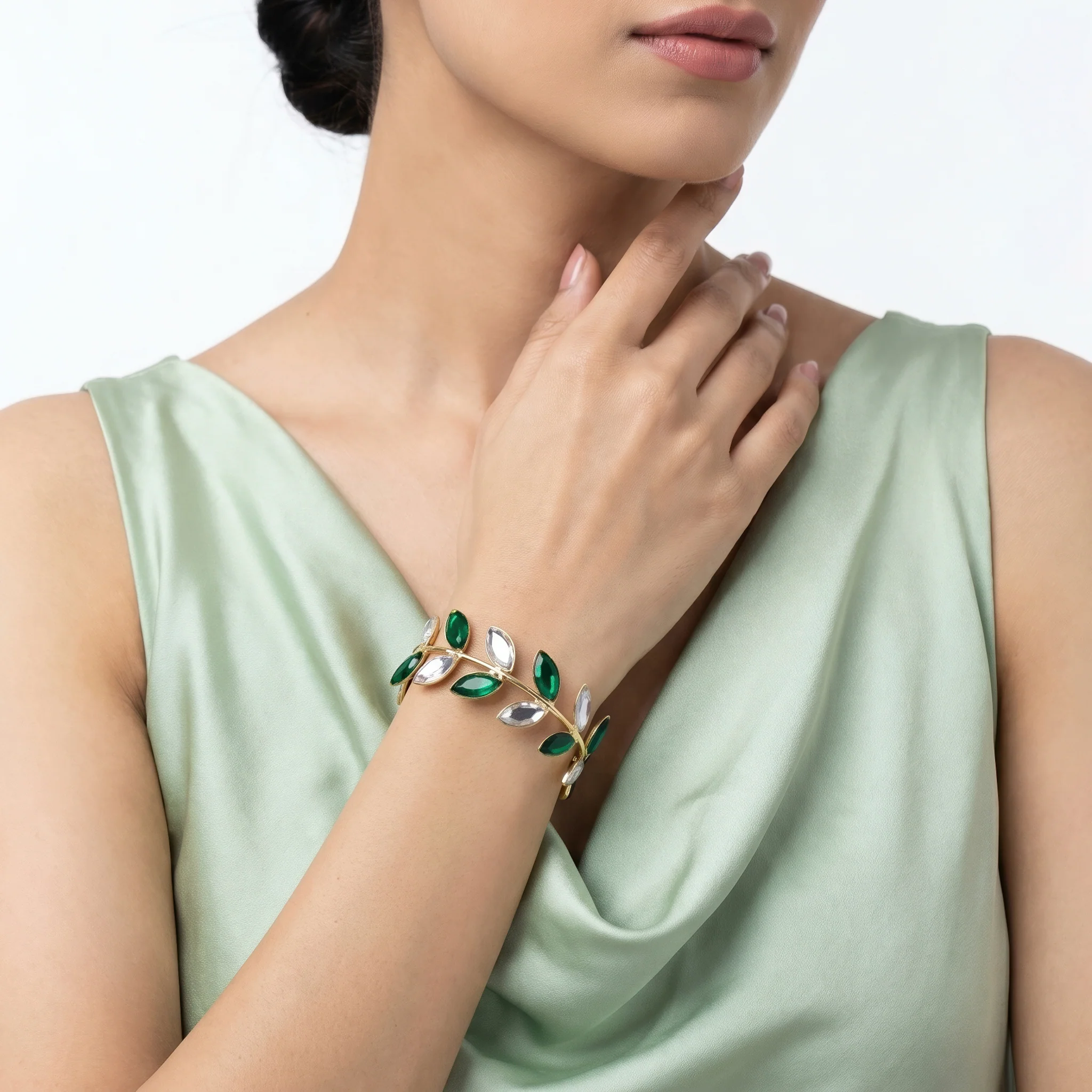 PRAO Bracelet Anti-Tarnish Emerald Crystal Leafy Cuff (Adjustable Size) - Image 2