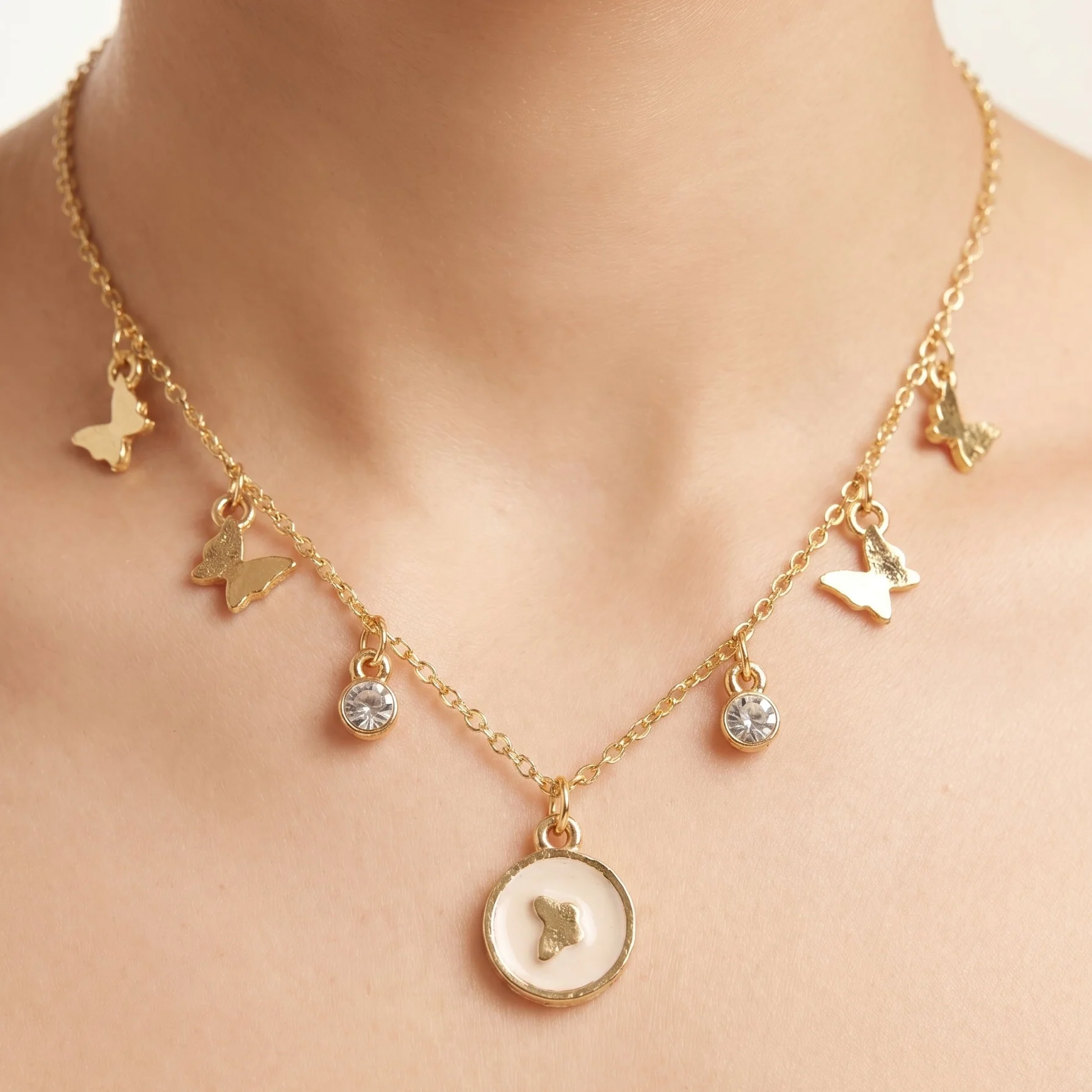 PRAO Necklace Anti-Tarnish Gold Plated Minimalist Chain With Butterfly Charms, Bezel-Set Crystals & Pendant Set - Image 2
