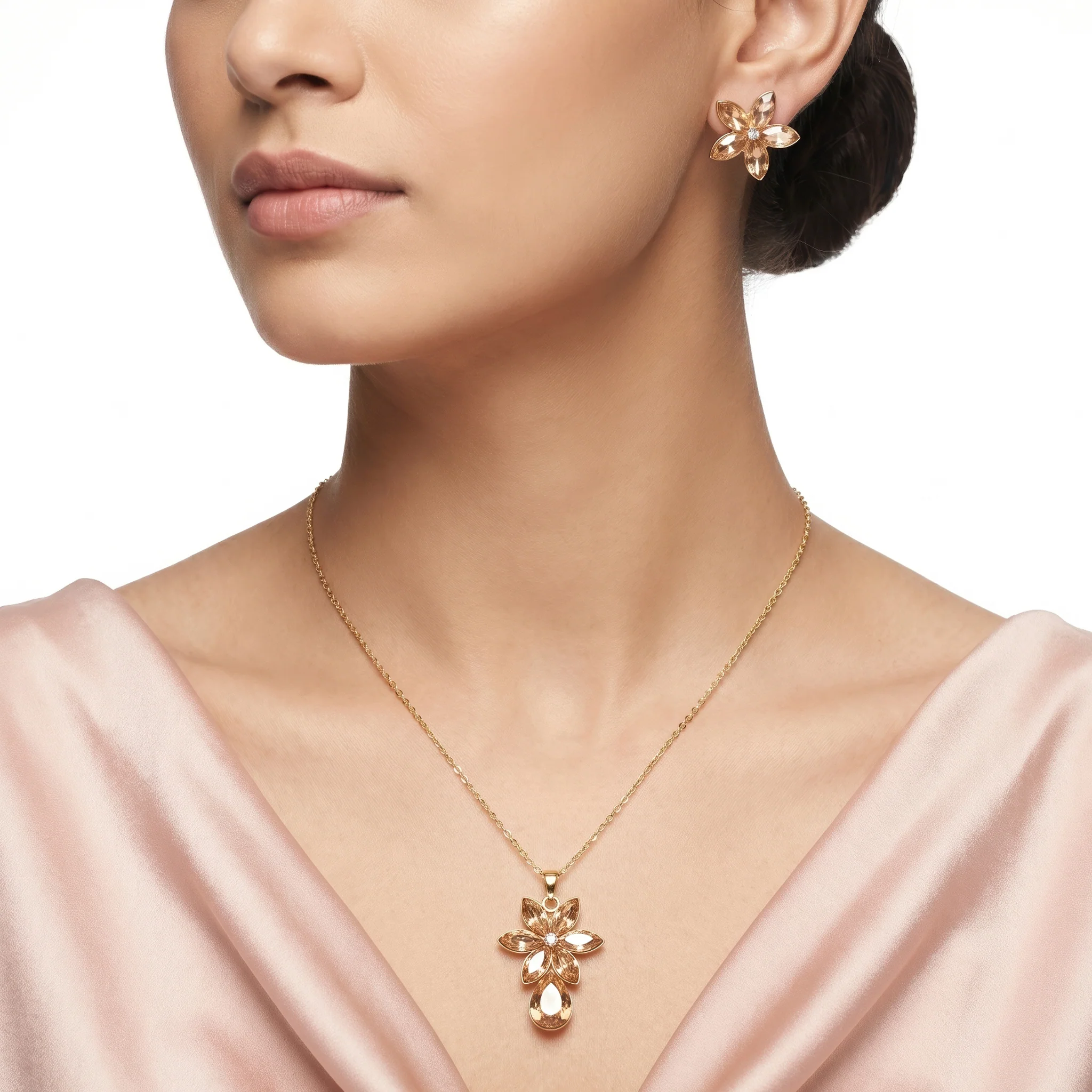 PRAO Necklace Anti-Tarnish Floral Crystal With Teardrop Pendant Set With Earrings