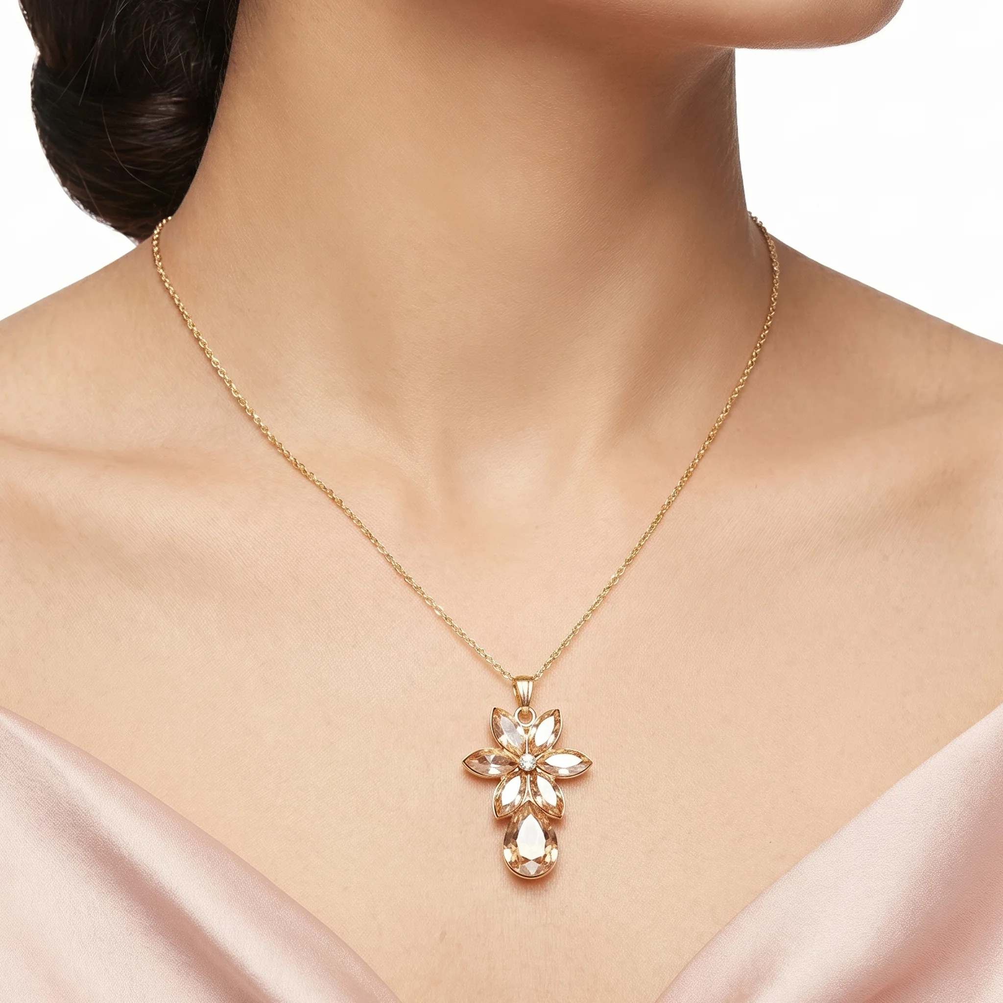 PRAO Necklace Anti-Tarnish Floral Crystal With Teardrop Pendant Set With Earrings - Image 2
