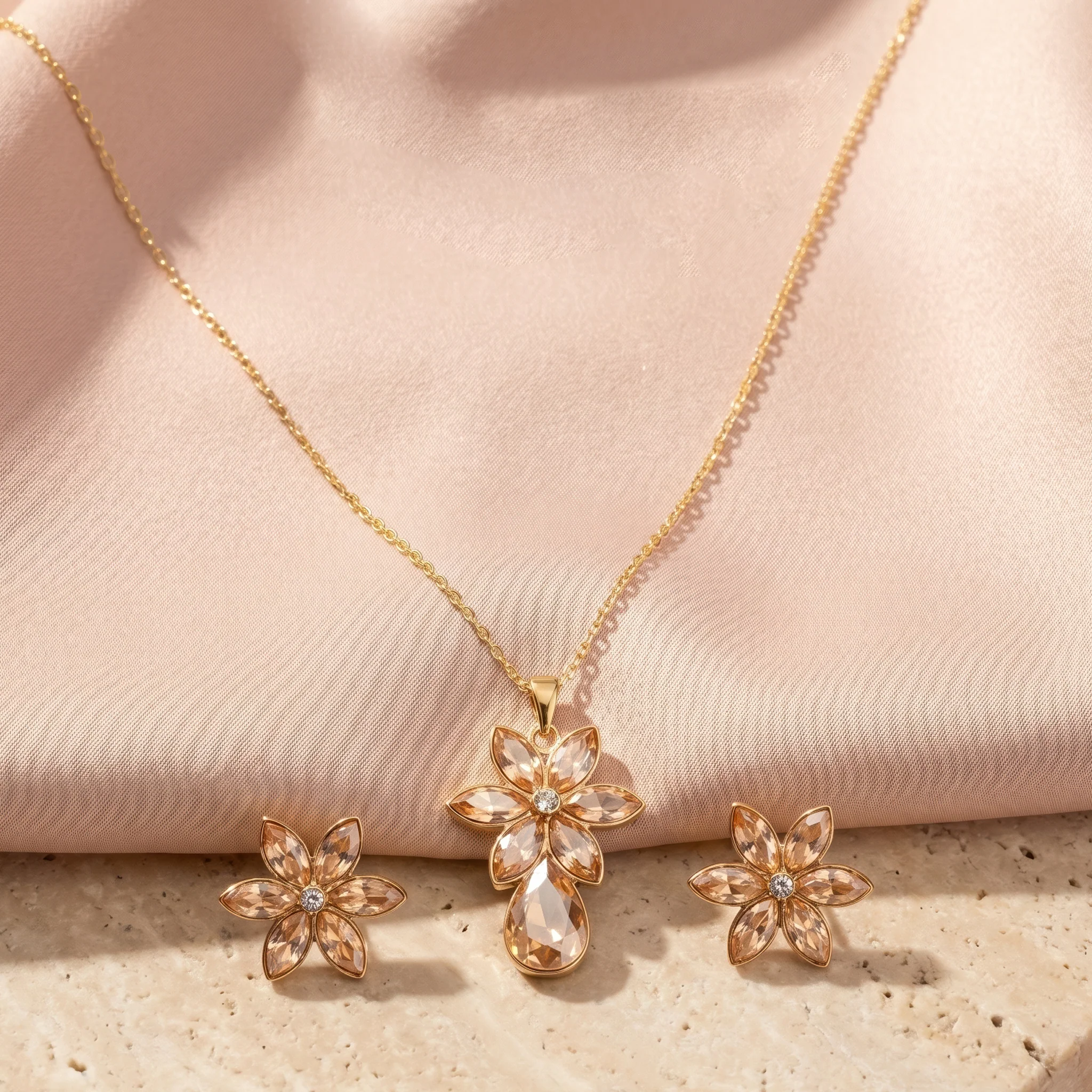 PRAO Necklace Anti-Tarnish Floral Crystal With Teardrop Pendant Set With Earrings - Image 5