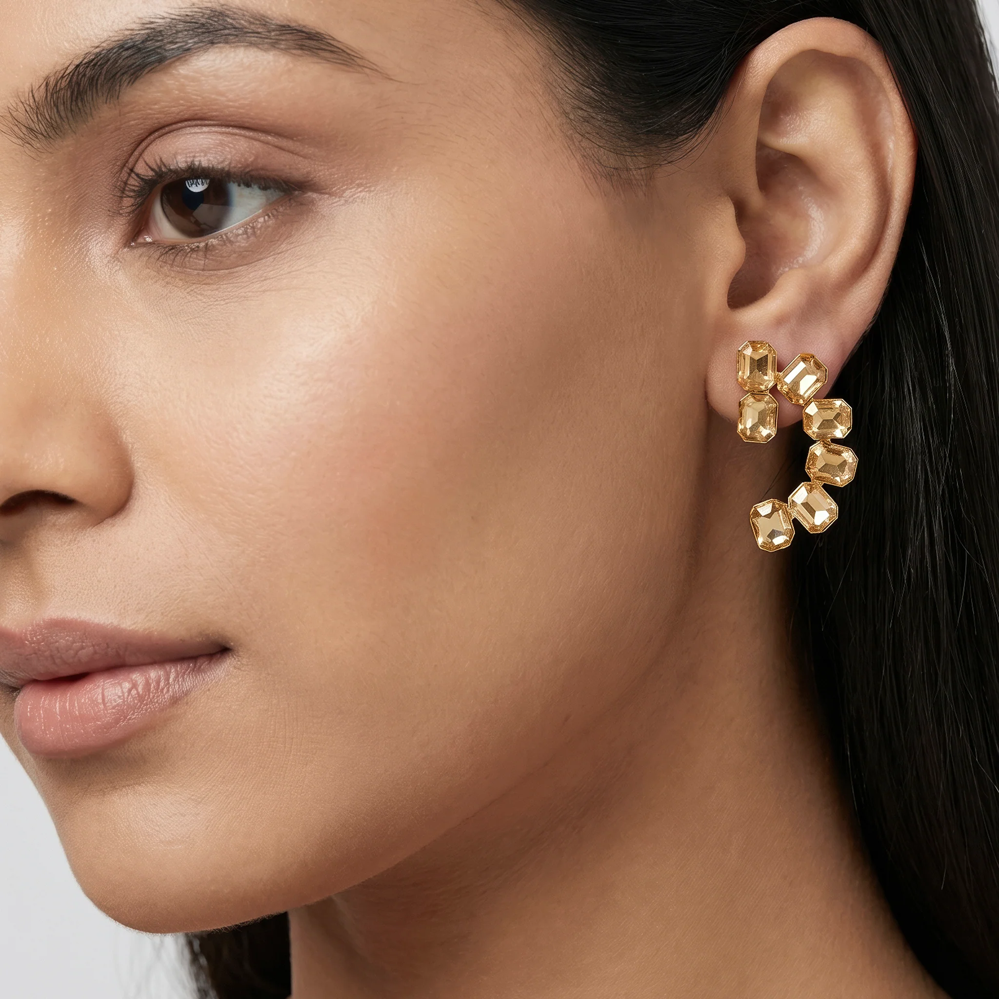 PRAO Earrings Anti-Tarnish C-Shaped Champagne Crystal Studs - Image 2