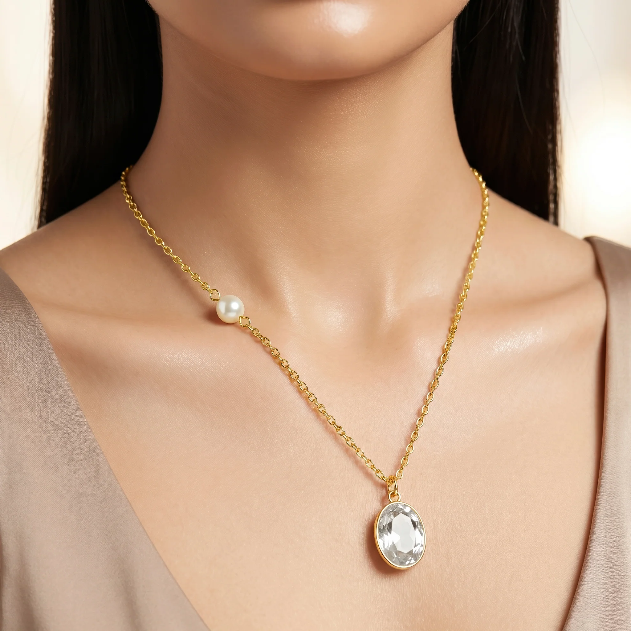 PRAO Necklace Anti-Tarnish Oval Crystal Pendant With Faux Pearl Accent - Image 3