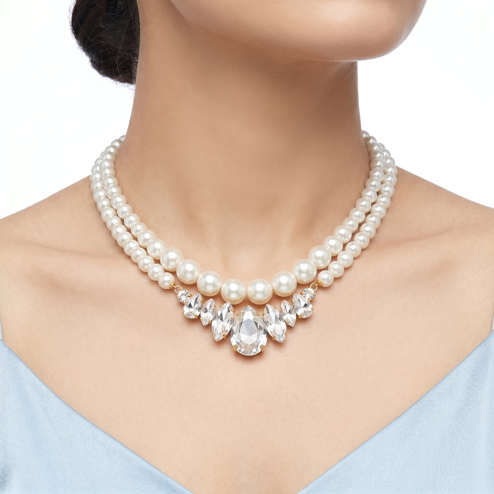 PRAO Necklace Anti-Tarnish Double-Strand Pearl With Teardrop Crystal Pendant Set With Earrings - Image 2