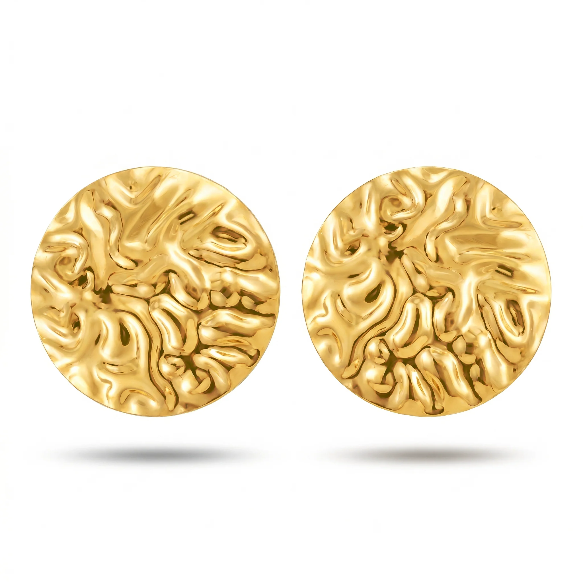 PRAO Earrings Anti-Tarnish Hammered Coin Gold-Plated Statement - Image 3