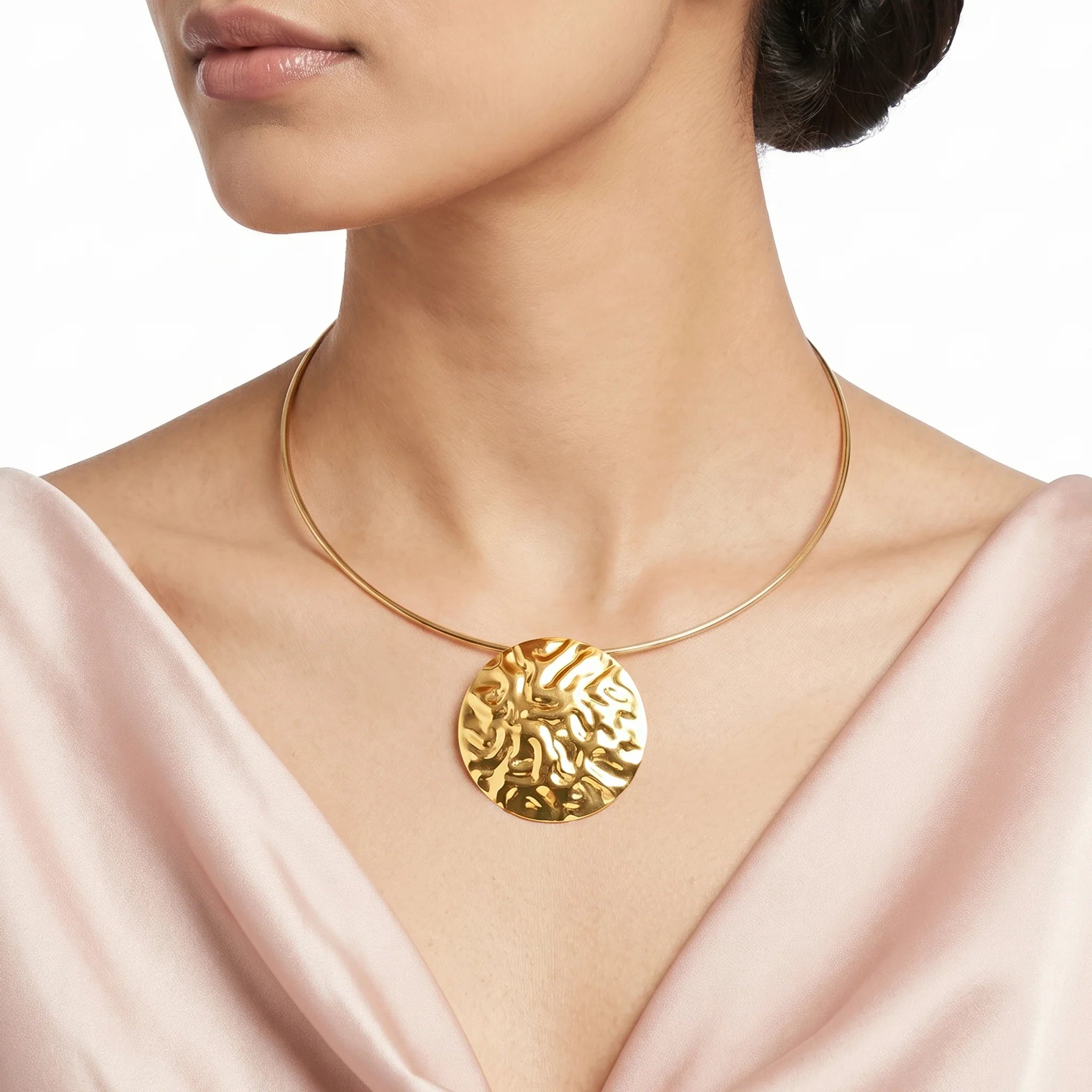 PRAO Necklace Anti-Tarnish Hammered Coin Gold-Plated Hasli Pendant - Image 3