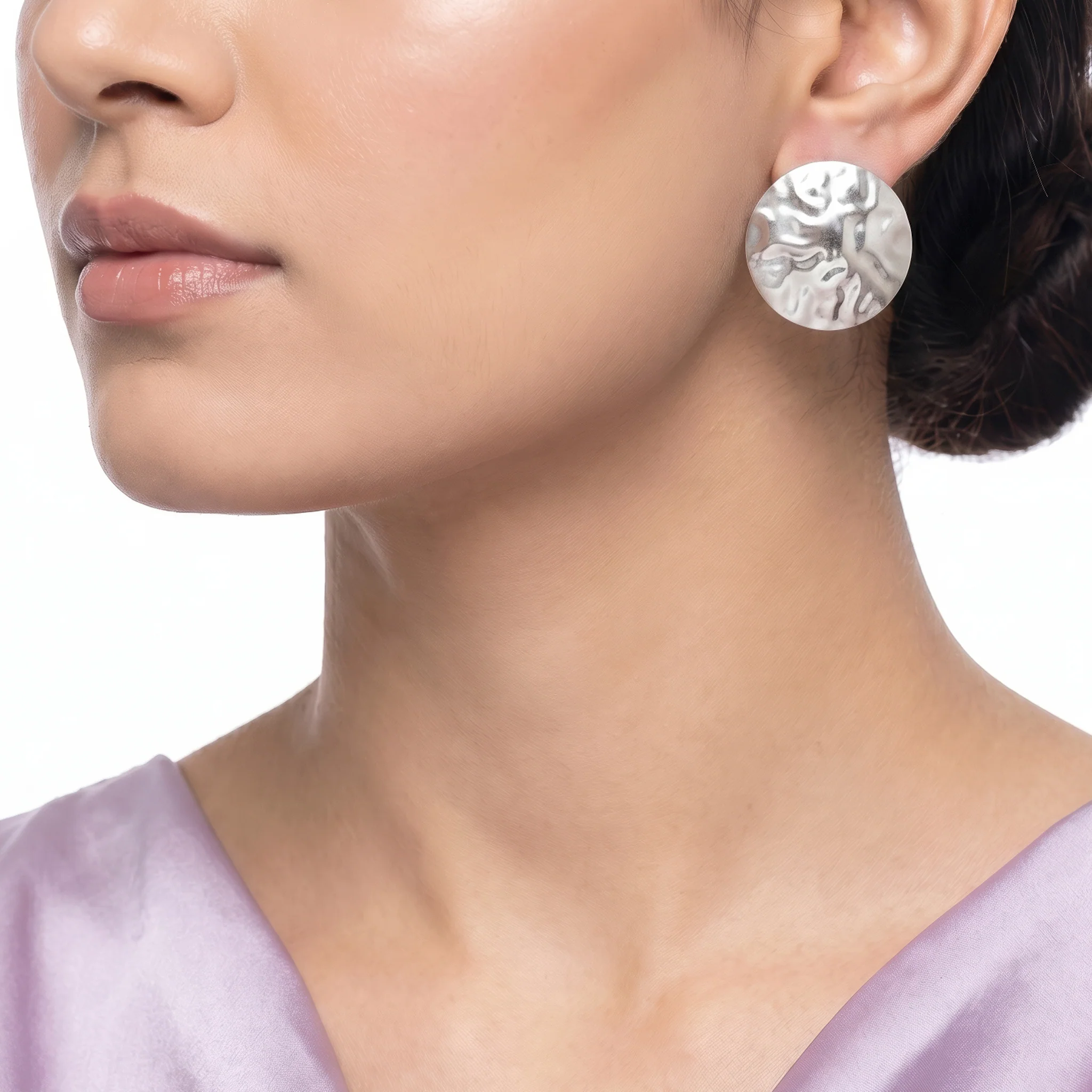 PRAO Earrings Anti-Tarnish Hammered Coin Silver-Plated Statement - Image 2