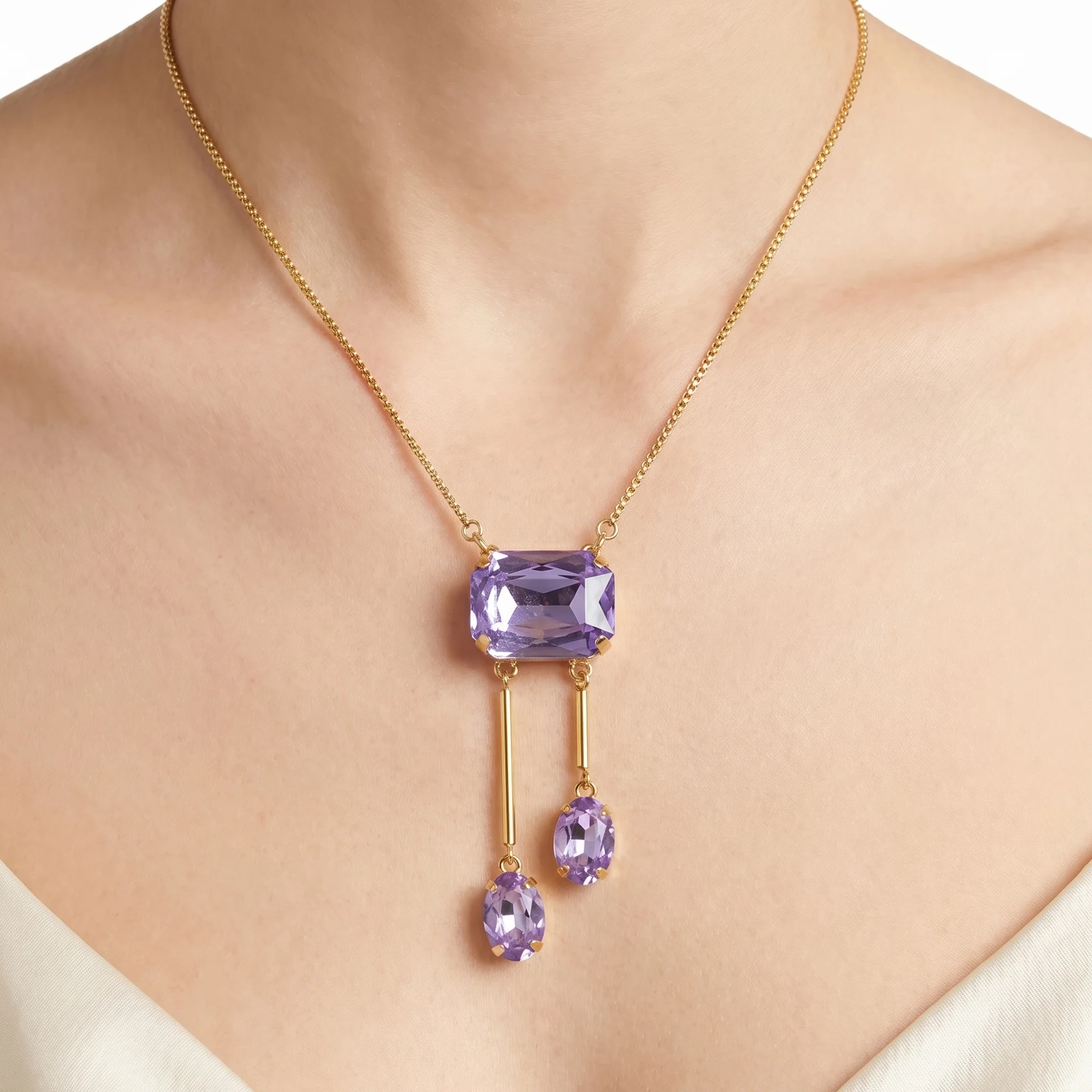 PRAO Necklace Anti-Tarnish Rectangle Purple Crystal Set - Image 2