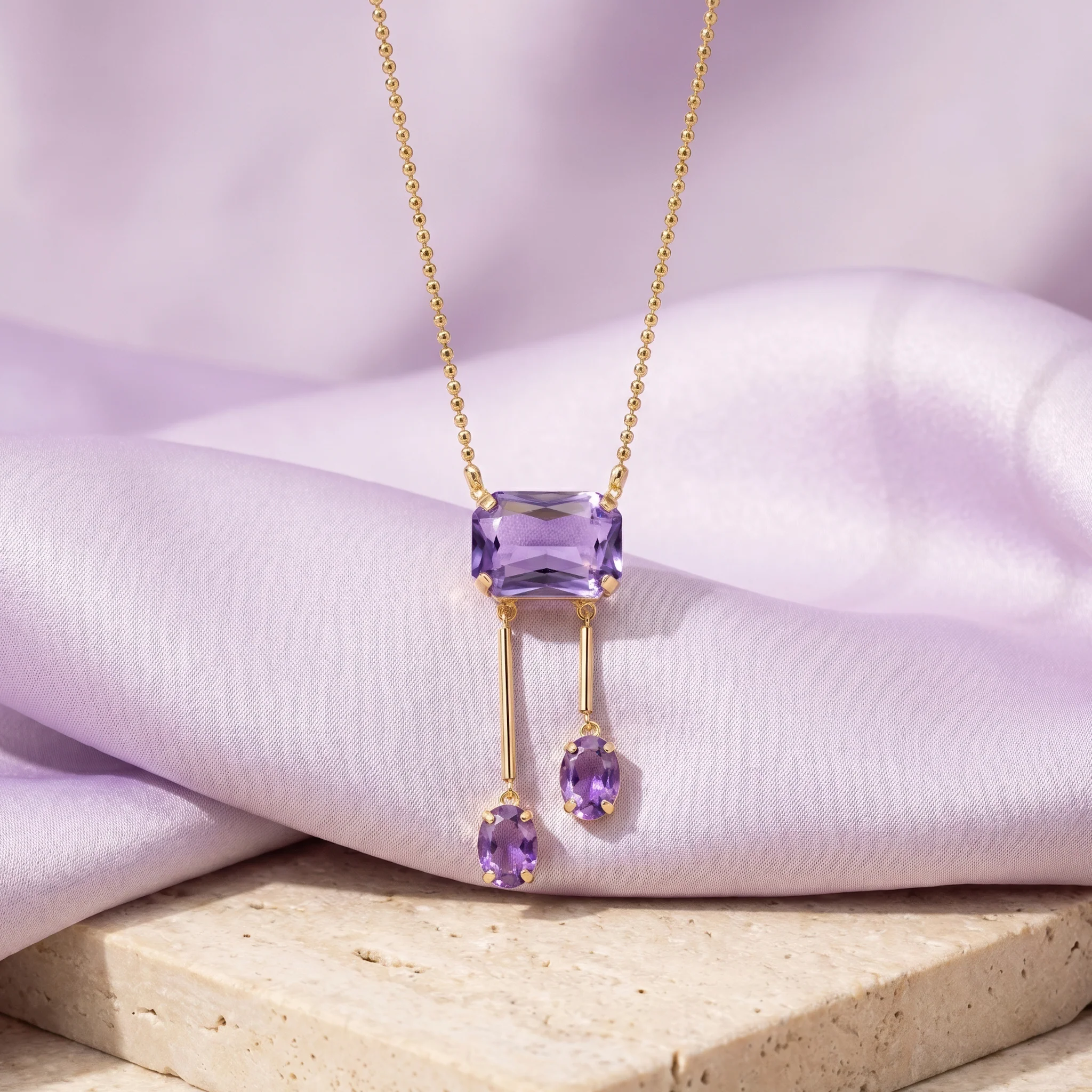 PRAO Necklace Anti-Tarnish Rectangle Purple Crystal Set - Image 4